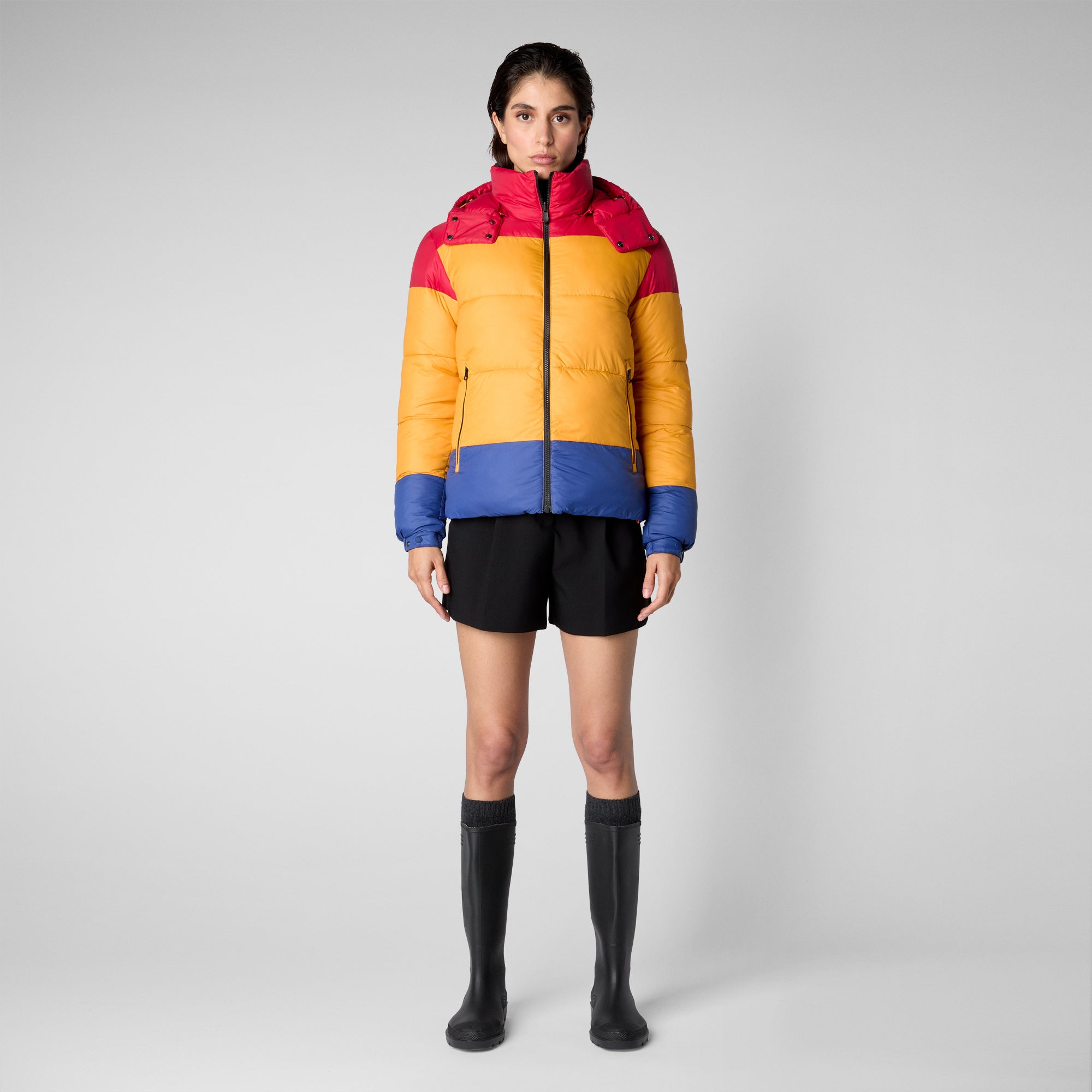 Unisex Chump Reversible Puffer Jacket in Flame Red/Beak Yellow/Eclipse