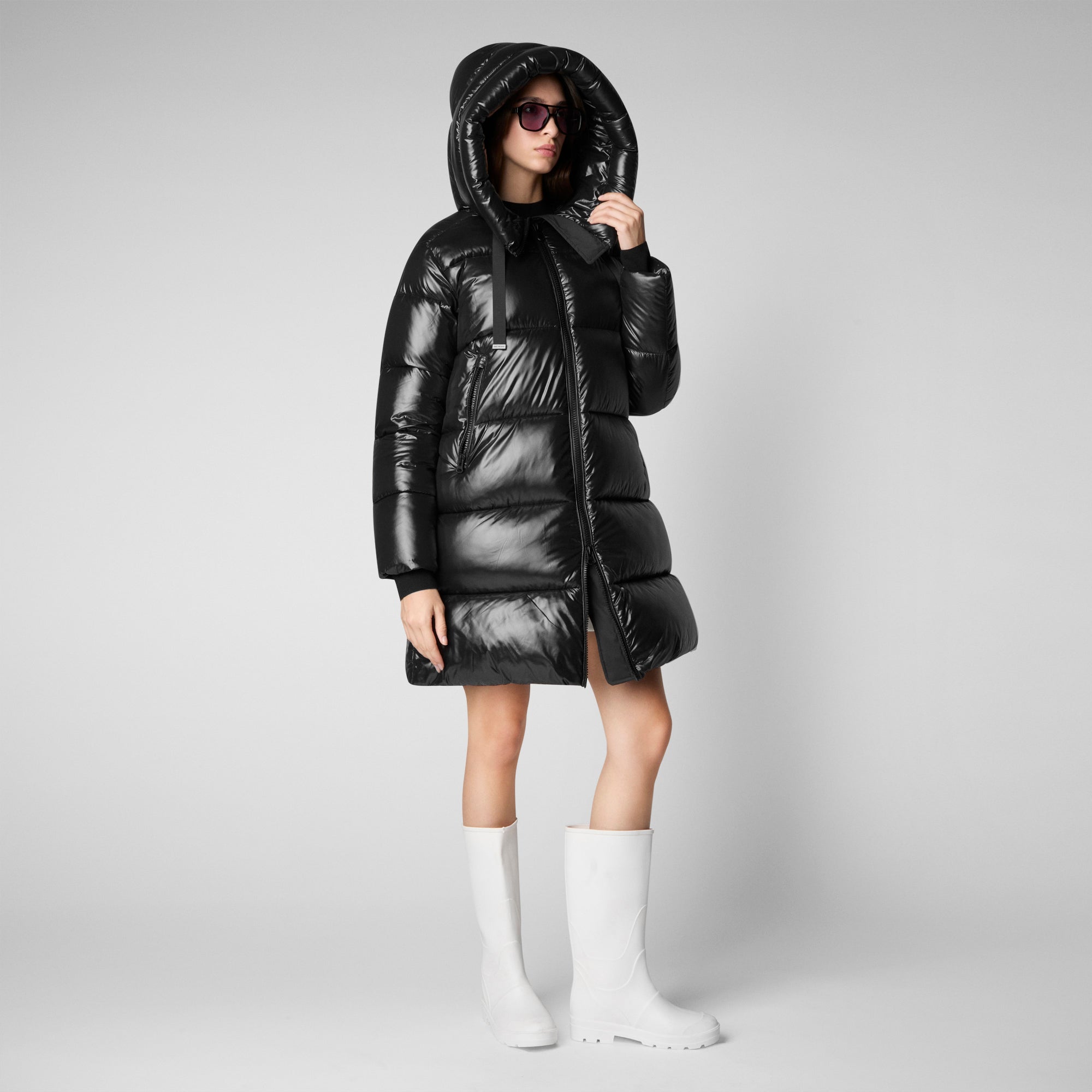 Long black store hooded puffer coat