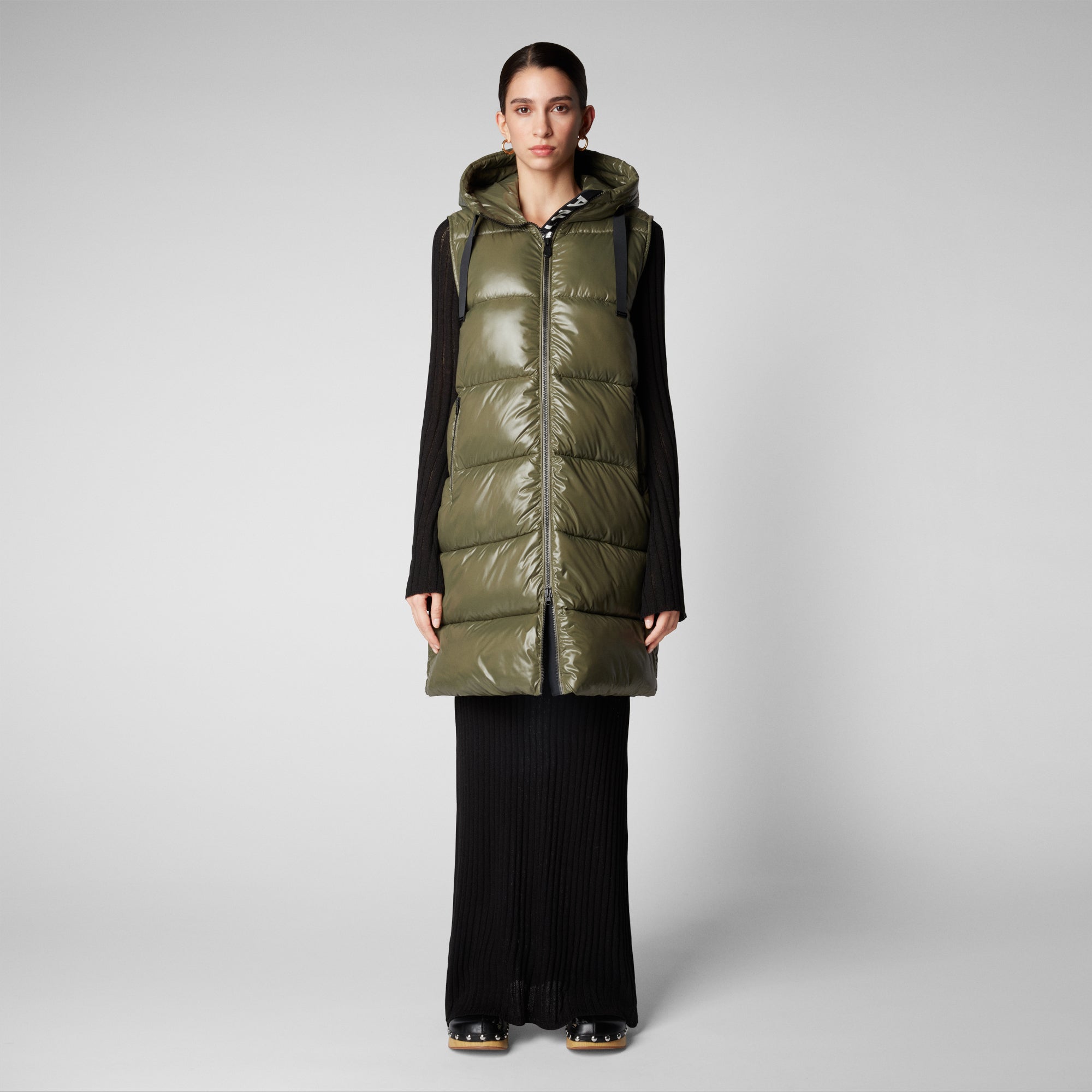 Women's Iria Long Hooded Puffer Vest in Laurel Green