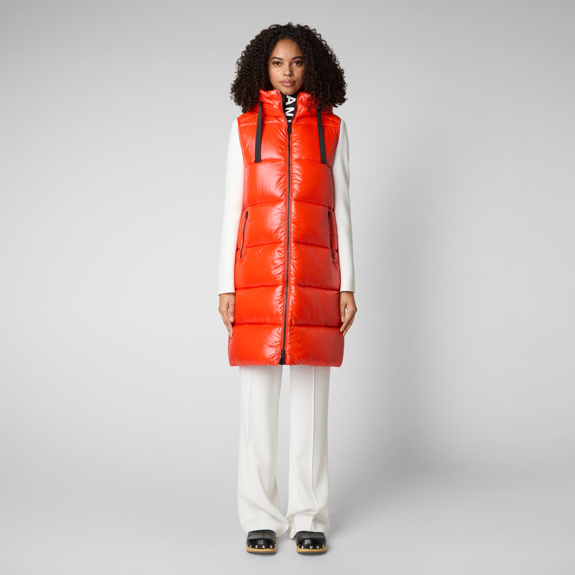 Women's Iria Long Hooded Puffer Vest in Poppy Red - Save The Duck