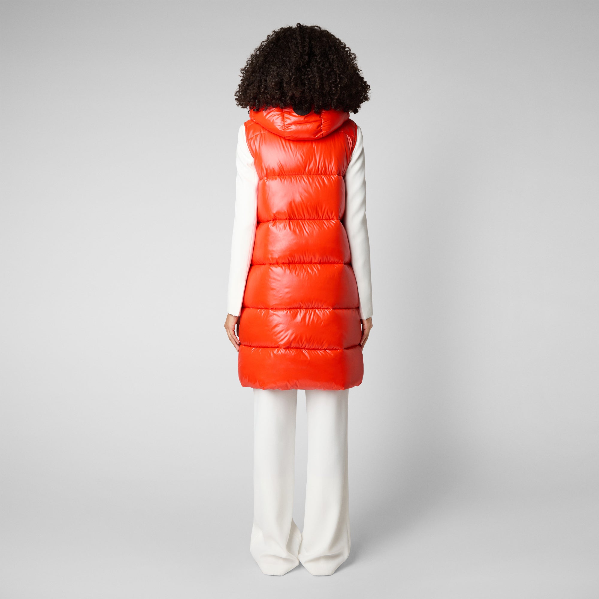 Women's Iria Long Hooded Puffer Vest in Poppy Red