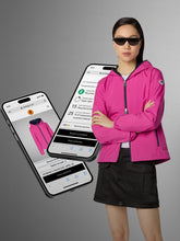 Woman wearing pink recycled polyester jacket with black skirt and sunglasses, standing next to floating smartphones displaying online store and sustainability details | Save The Duck | Animal Free Elegant Duvets for Men and Women