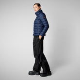 Women's Animal free Puffer Jacket Amelie with Detachable Hood in Navy Blue | Save The Duck