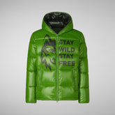 Man's animal free hooded puffer jacket Evander in grass green wolf print | Save The Duck