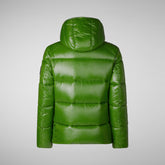 Man's animal free hooded puffer jacket Evander in grass green wolf print | Save The Duck