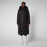 Women's Colette Long Puffer Coat with Detachable Hood in Brown Black - Lightweight Puffers for Women | Save The Duck