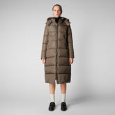 Women's Colette Long Puffer Coat with Detachable Hood in Mud Grey - SaveTheDuck Sale | Save The Duck
