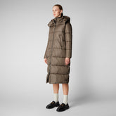 Women's Colette Long Puffer Coat with Detachable Hood in Mud Grey - Lightweight Puffers for Women | Save The Duck