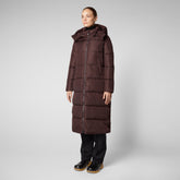 Women's Colette Long Puffer Coat with Detachable Hood in Burgundy Black - SaveTheDuck Sale | Save The Duck
