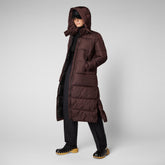 Women's Colette Long Puffer Coat with Detachable Hood in Burgundy Black - Lightweight Puffers for Women | Save The Duck