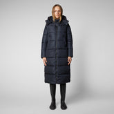 Women's Colette Long Puffer Coat with Detachable Hood in Blue Black - Lightweight Puffers for Women | Save The Duck