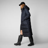 Women's Colette Long Puffer Coat with Detachable Hood in Blue Black - Women's Collection | Save The Duck