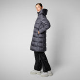 Women's Hooded Animal free Puffer Lysa Coat Ebony Grey | Save The Duck