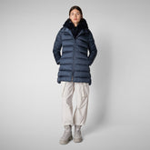 Women's Hooded Animal free Puffer Coat Matilda with Faux Fur in Night Blue | Save The Duck