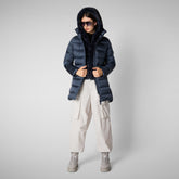 Women's Hooded Animal free Puffer Coat Matilda with Faux Fur in Night Blue | Save The Duck