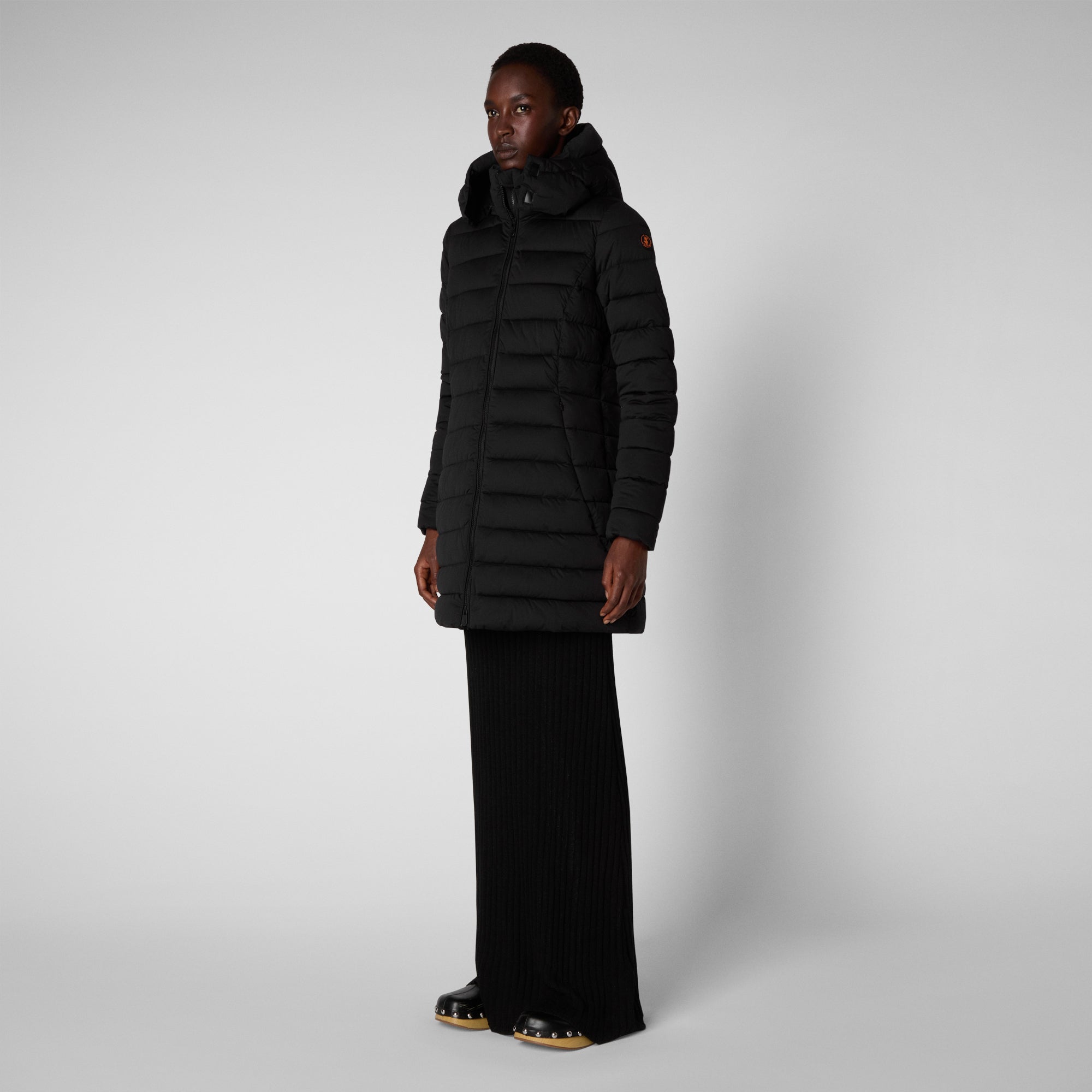 Women's Dorothy Stretch Puffer Coat with Detachable Hood in Black