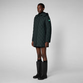 Women's Edith Puffer Coat with Detachable Hood in Green Black - The Love Recycle Collection by SaveTheDuck | Save The Duck