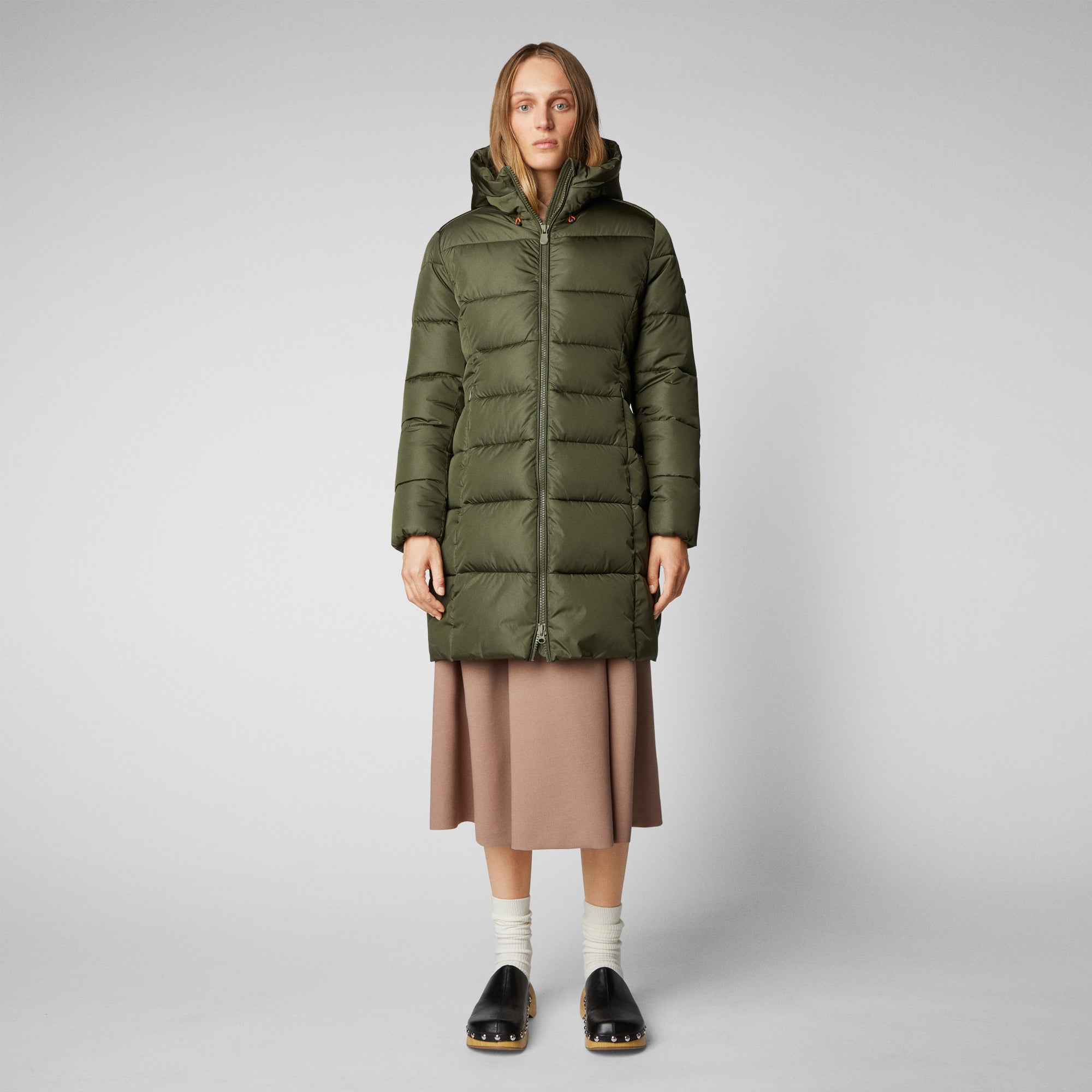 Women's Taylor Hooded Puffer Coat in Dusty Olive - Save The Duck