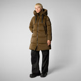 Women's Amaranta Hooded Animal free Puffer Coat in Bark Green | Save The Duck