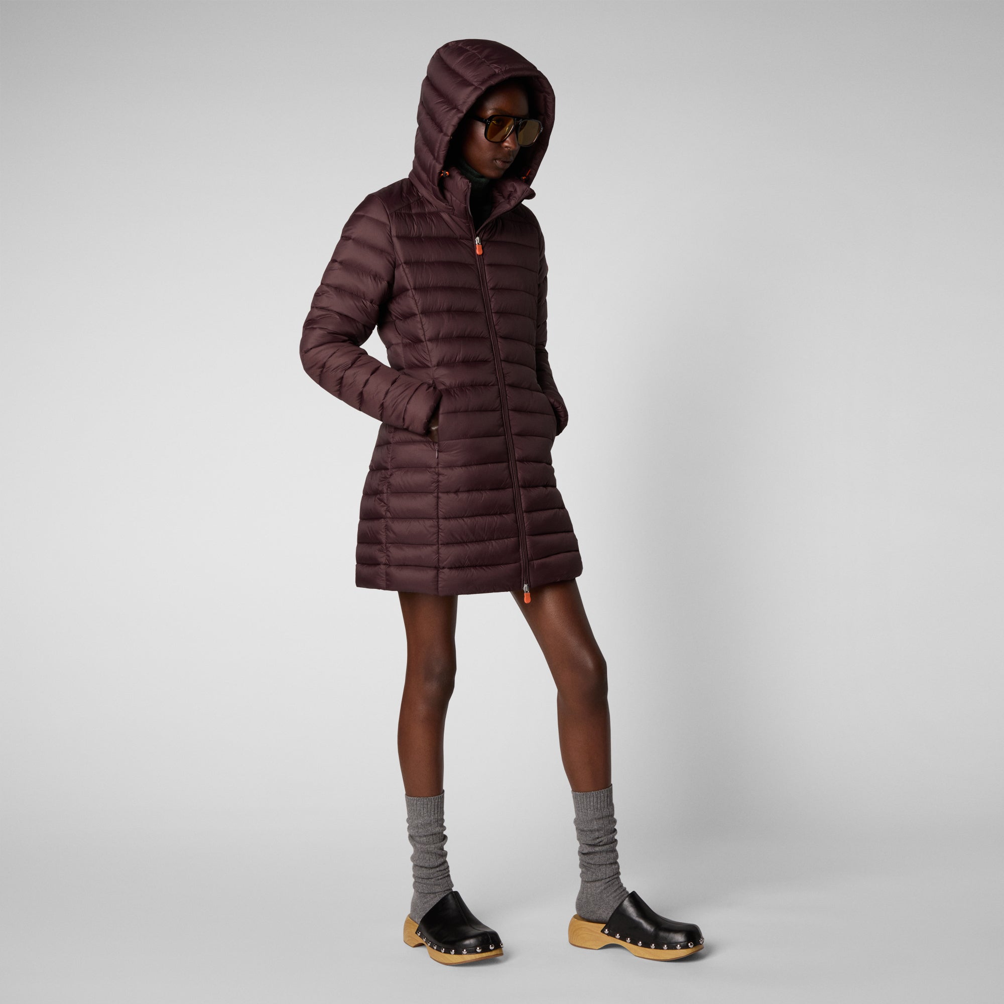 Burgundy long puffer store jacket