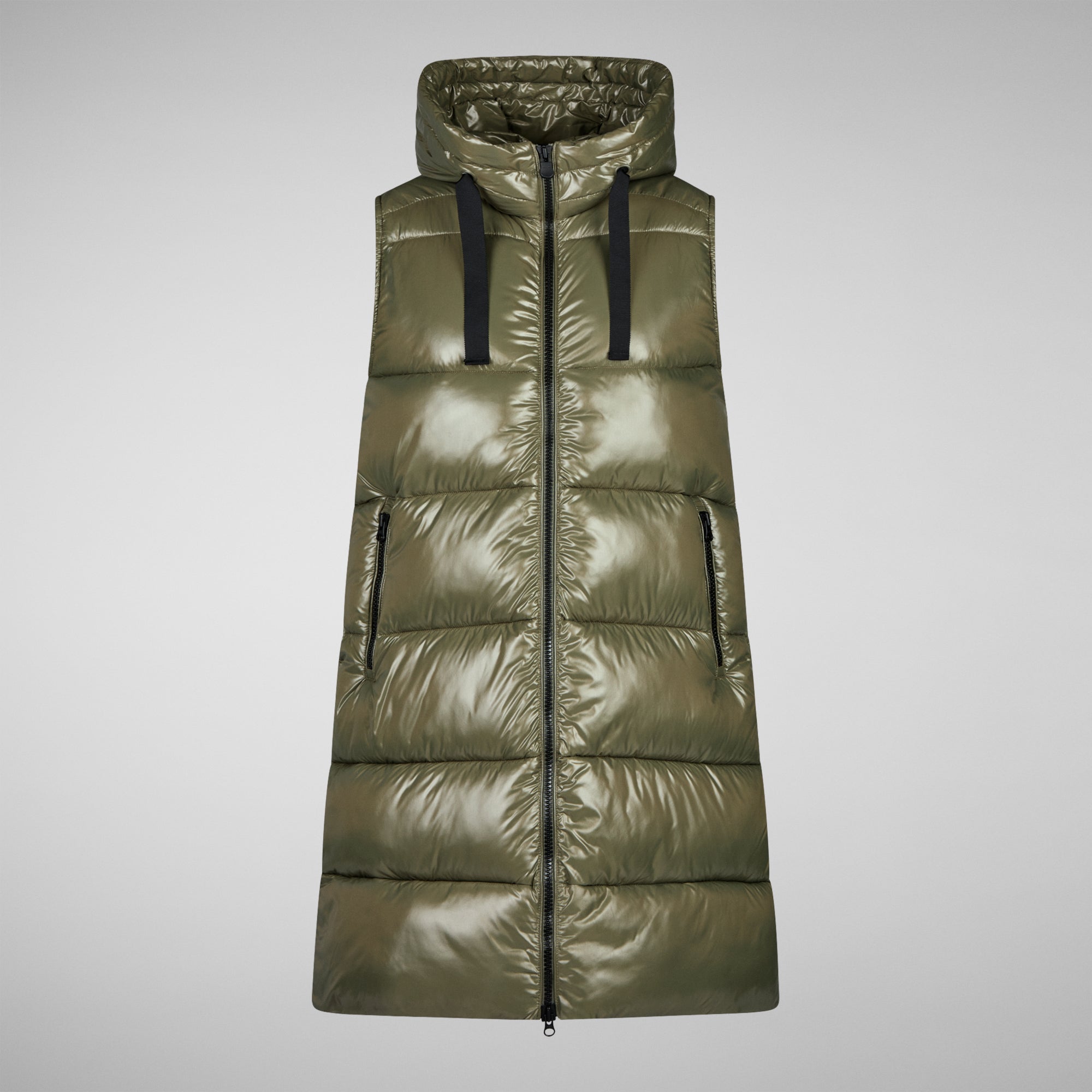 Women's Iria Long Hooded Puffer Vest in Laurel Green - Save The Duck