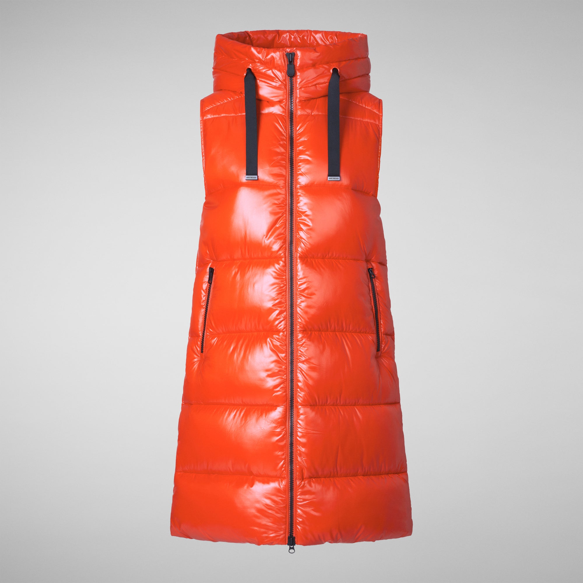 Women's Iria Long Hooded Puffer Vest in Poppy Red - Save The Duck