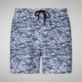 Men's Ademir Swim Trunks in Navy Blue and White Waves - White Collection | Save The Duck
