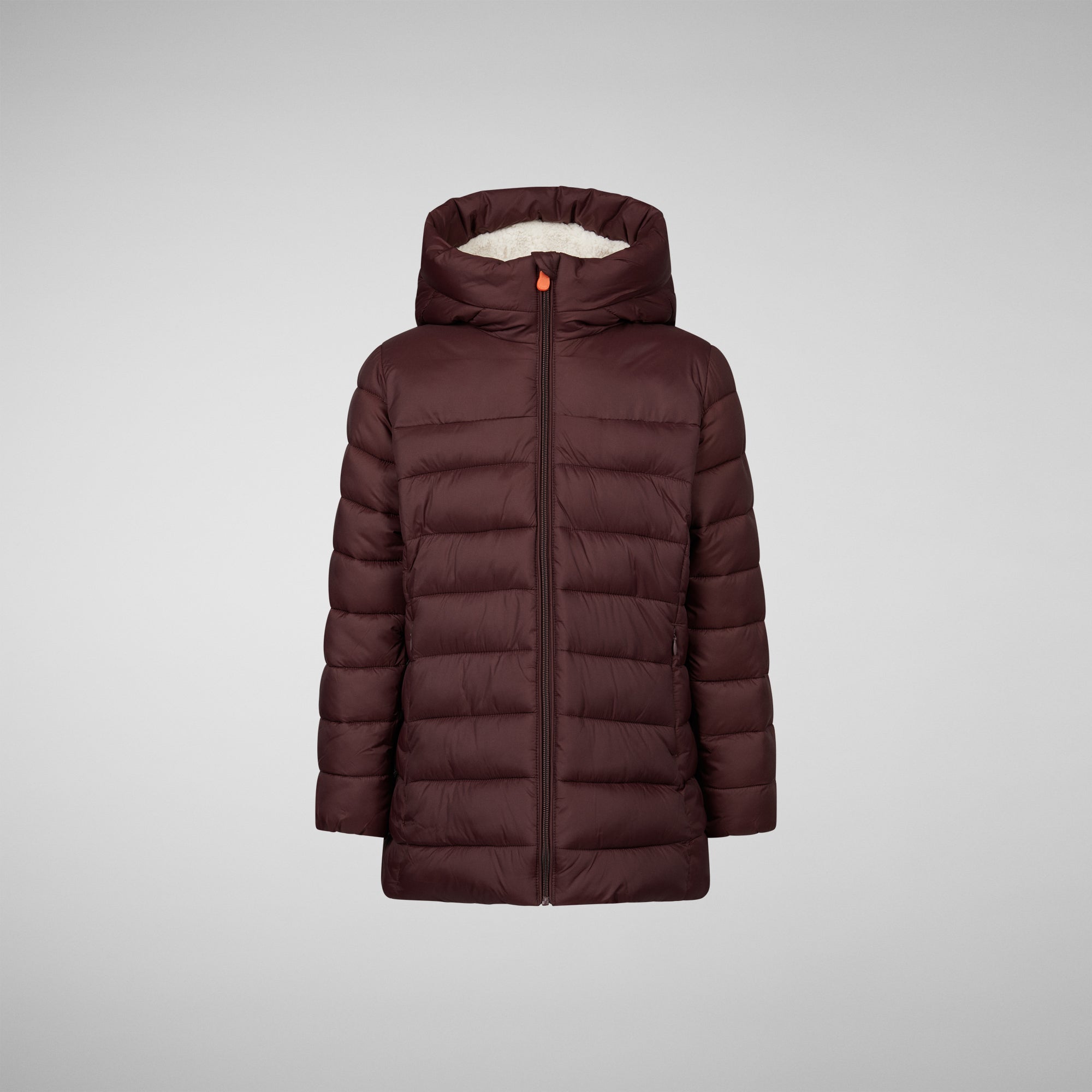 Girls Pris Hooded Puffer Coat with Faux Fur Lining in Burgundy Black