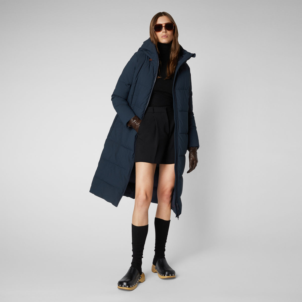 Women's Missy Long Hooded Puffer Coat in Blue Black - Save The Duck