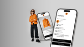 Fashionable customer in sunglasses posing next to a large smartphone displaying SaveTheDuck's orange jacket." | Save The Duck