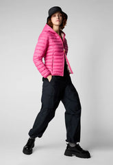 Woman modeling pink recycled polyester jacket with black pants and hat | Save The Duck | Animal Free Elegant Duvets for Men and Women