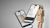 Model wearing SaveTheDuck beige eco-friendly raincoat displayed on mobile phones, promoting sustainable fashion and recycling options on the eBay resell platform. | Save The Duck