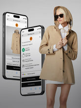 Model wearing SaveTheDuck beige eco-friendly raincoat displayed on mobile phones, promoting sustainable fashion and recycling options on the eBay resell platform. | Save The Duck